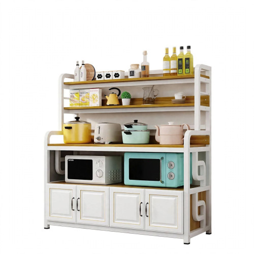 Grand meuble étagère de cuisine multi-rangement en bois et métal de dimensions 120x40x152 cm avec micro-ondes et placards blancs.