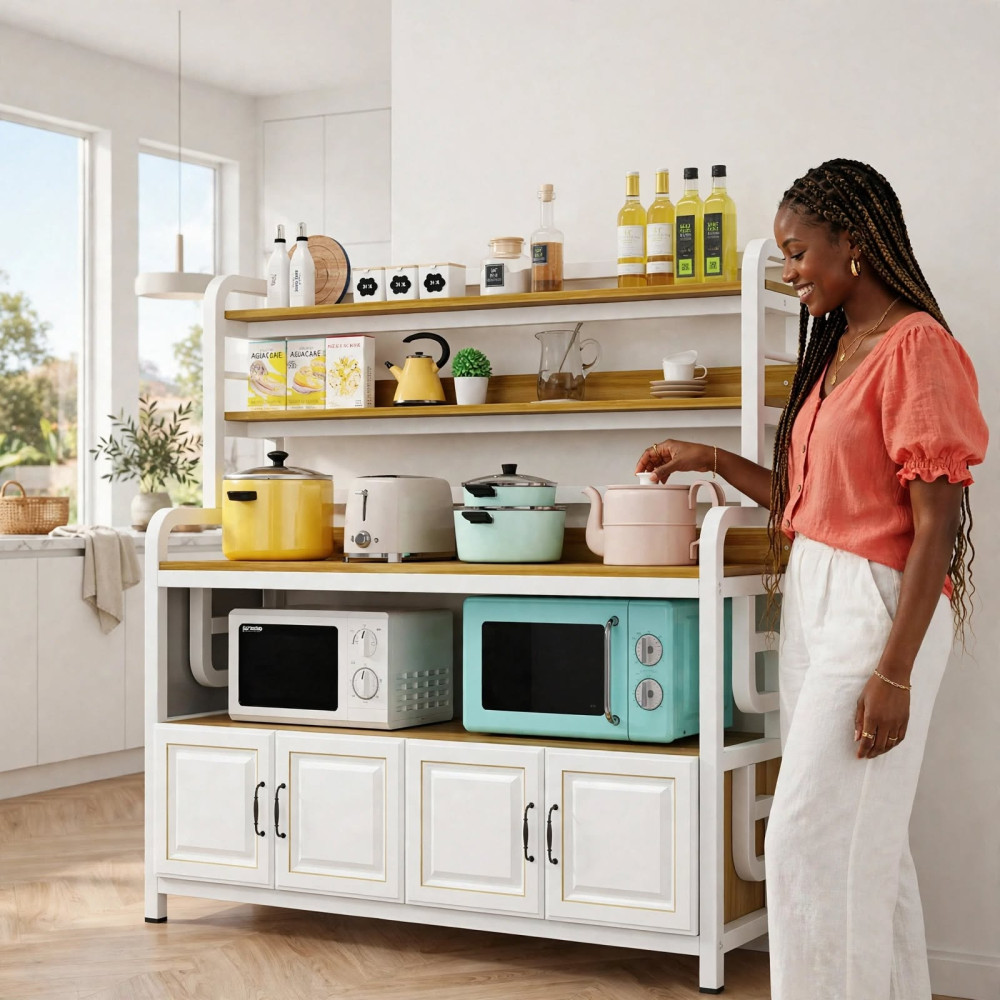 Étagère de Cuisine Multi-Rangement Bois et Métal 120x40x152 cm – Buffet Micro-Ondes avec Placards