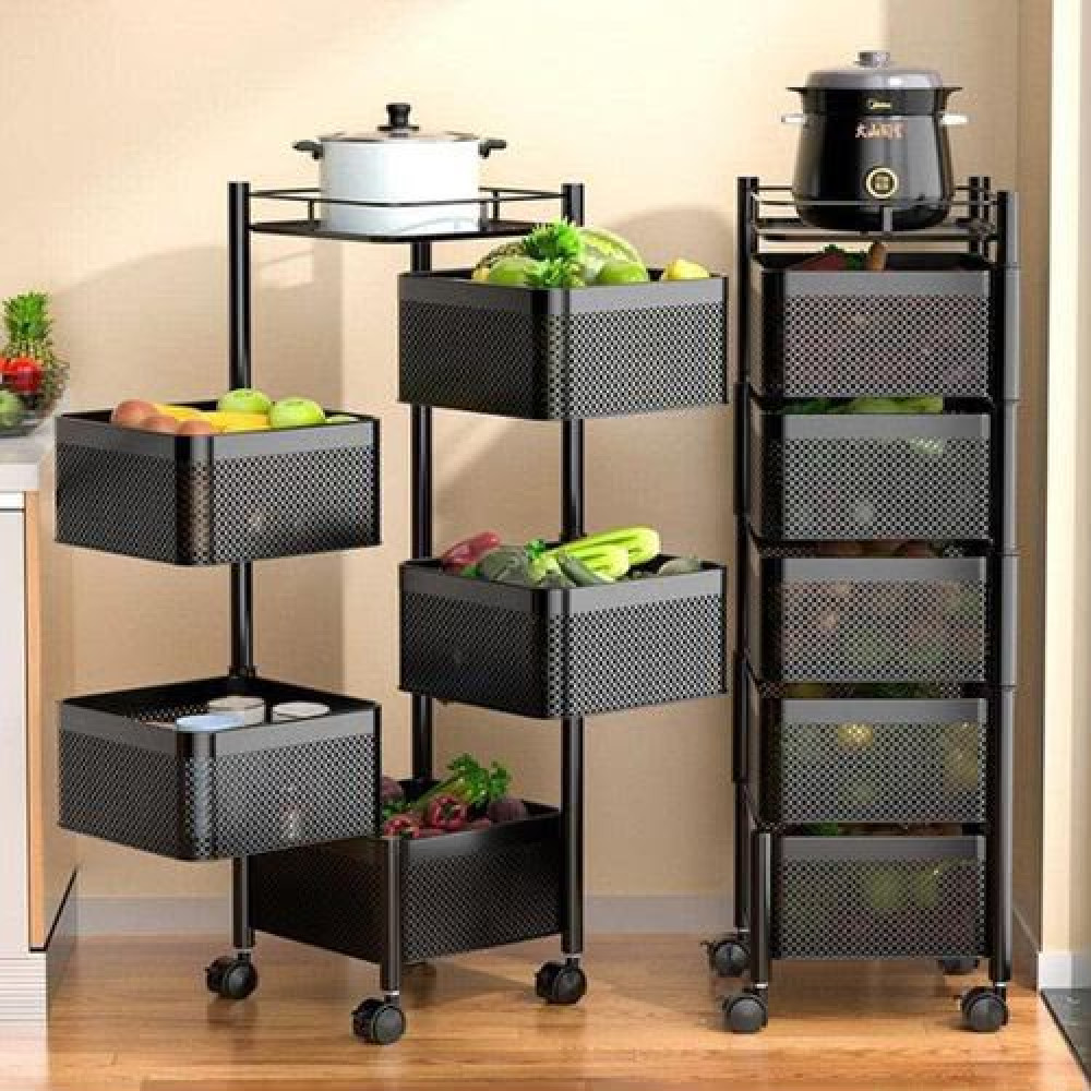 Étagère de Cuisine Rotative Multi-Niveaux en Métal Noir à Roulettes