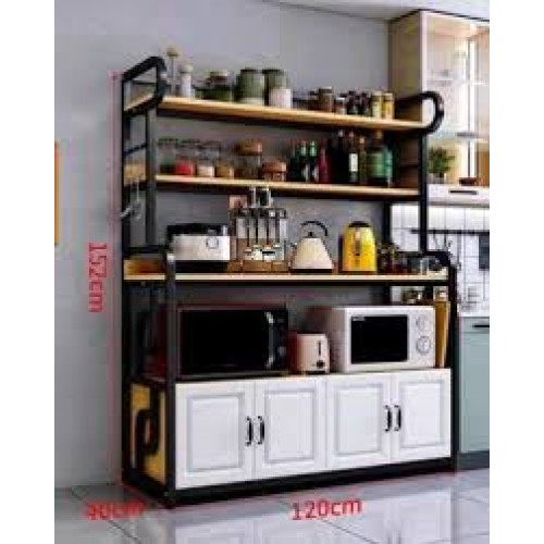 Grand meuble étagère de cuisine multi-rangement en bois et métal de dimensions 120x40x152 cm avec micro-ondes et placards blancs.