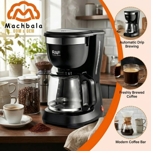 Cafetière électrique à filtre de marque RAF modèle R.121 noire de 1.2 L à côté de sa boîte d'emballage.