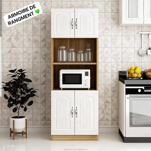 armoire-rangement-cuisine-70x40x180cm-1000x1000px Armoire de cuisine colonne blanche et bois avec quatre portes et une niche centrale contenant un micro-ondes blanc