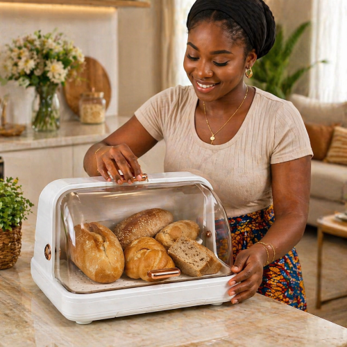 Boîte à pain moderne couvercle transparent mbectemi Boîte à pain design luxe blanc et or mbectemi Dakar Sénégal