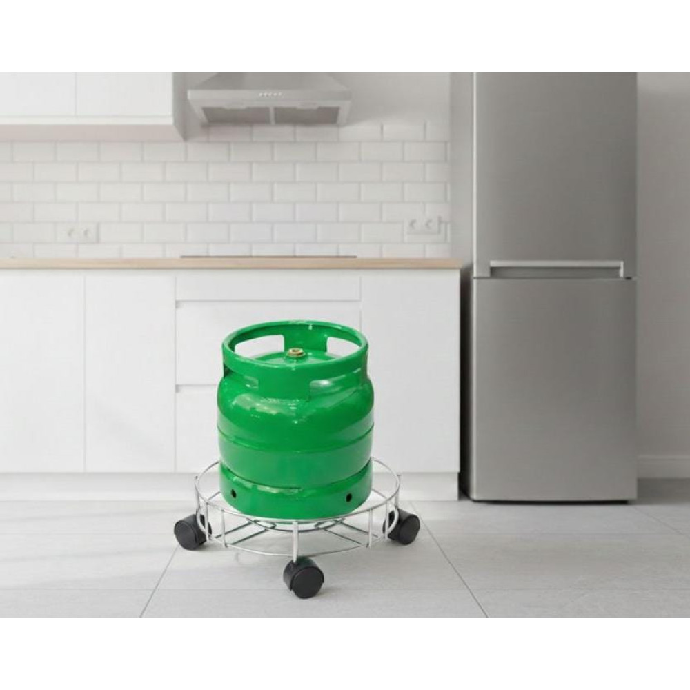 support-bouteille-gaz-inox-roulettes-mbectemi-market Support circulaire en acier inoxydable à quatre roulettes portant une bouteille de gaz verte