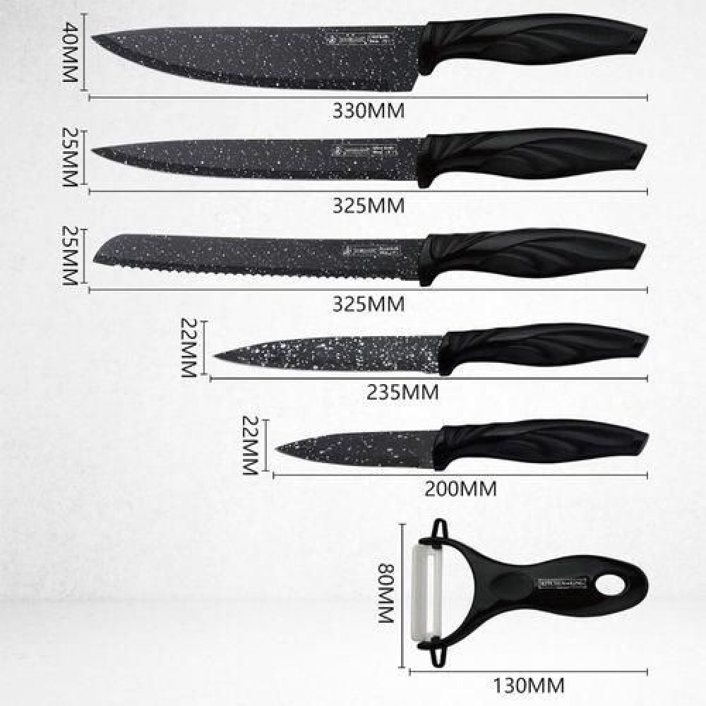 dimensions-coffret-couteaux-cuisine-professionnels-noir-33cm Dimensions détaillées en millimètres de cinq couteaux de cuisine noirs mouchetés et d'un éplucheur en céramique