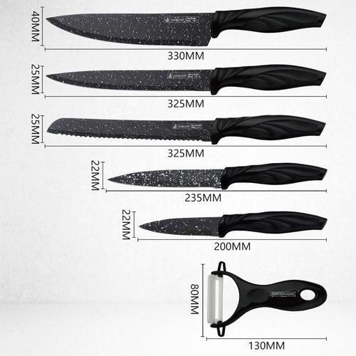 dimensions-coffret-couteaux-cuisine-professionnels-noir-33cm Dimensions détaillées en millimètres de cinq couteaux de cuisine noirs mouchetés et d'un éplucheur en céramique