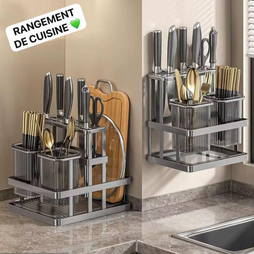 Schéma technique avec dimensions d'un organisateur de cuisine gris en acier pour couteaux et couverts