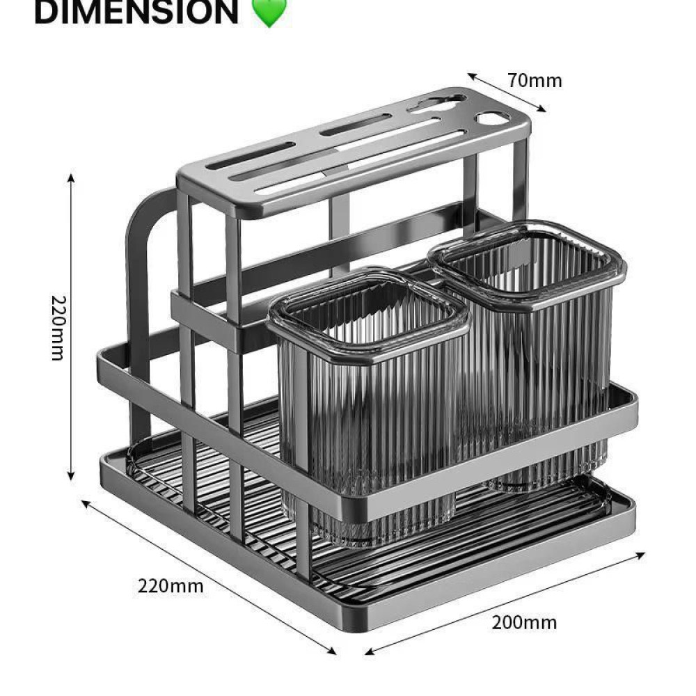 Schéma technique avec dimensions d'un organisateur de cuisine gris en acier pour couteaux et couverts