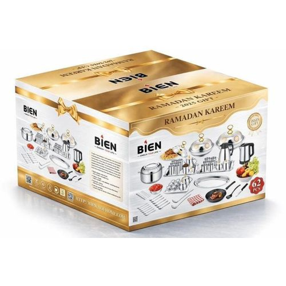 service-vaisselle-inox-bien-ramadan-kareem-62-pieces Coffret cadeau VIP Ramadan Kareem de la marque BIEN contenant un service de vaisselle et de cuisine en acier inoxydable de 62 pièces.
