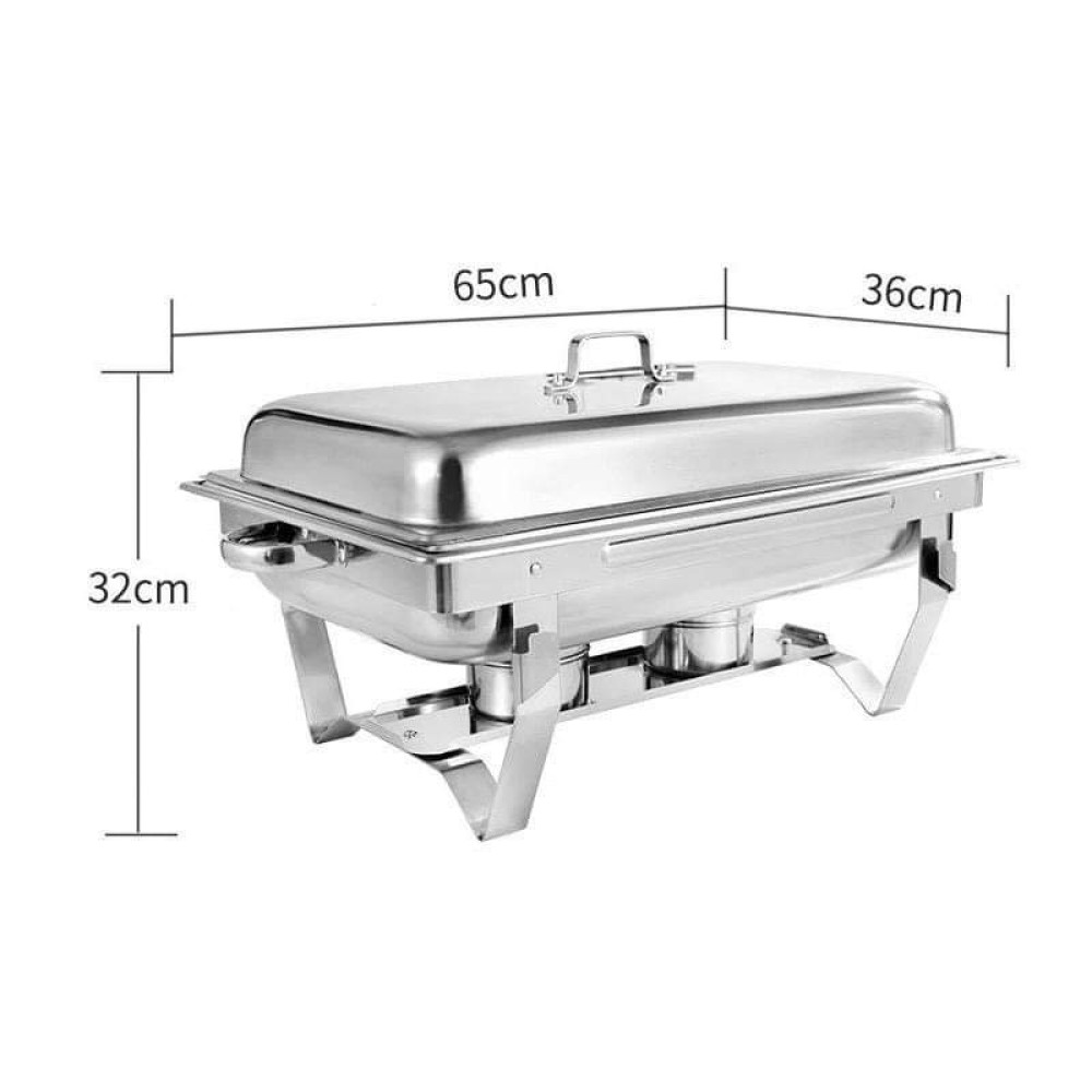 Chafing dish professionnel en acier inoxydable fermé avec indications de dimensions 65cm par 36cm par 32cm.