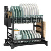 Égouttoir à Vaisselle 2 Niveaux Noir Métal 42x29x29 cm – Organisateur de Cuisine avec Porte-Couteaux et Planche