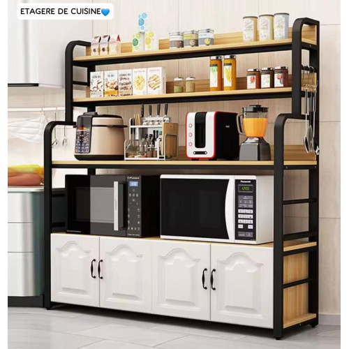 Grand meuble étagère de cuisine multi-rangement en bois et métal de dimensions 120x40x152 cm avec micro-ondes et placards blancs.