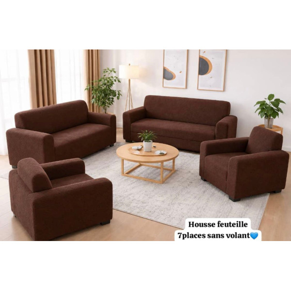 Ensemble Housses de Canape et Fauteuil 7 Places Elastiques Sans Volant Marron Chocolat