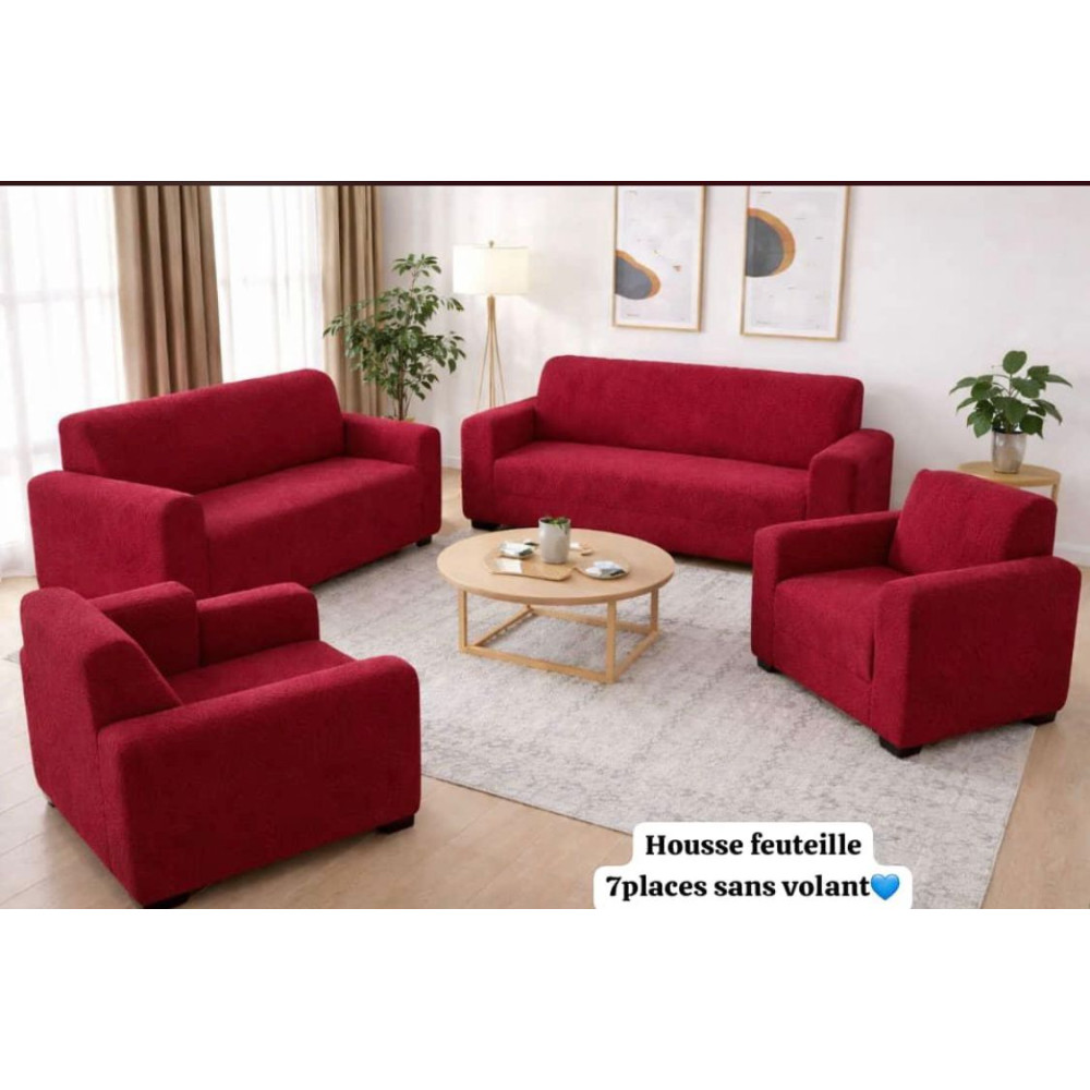 Ensemble Housses de Canape et Fauteuil 7 Places Elastiques Sans Volant Rouge Bordeaux