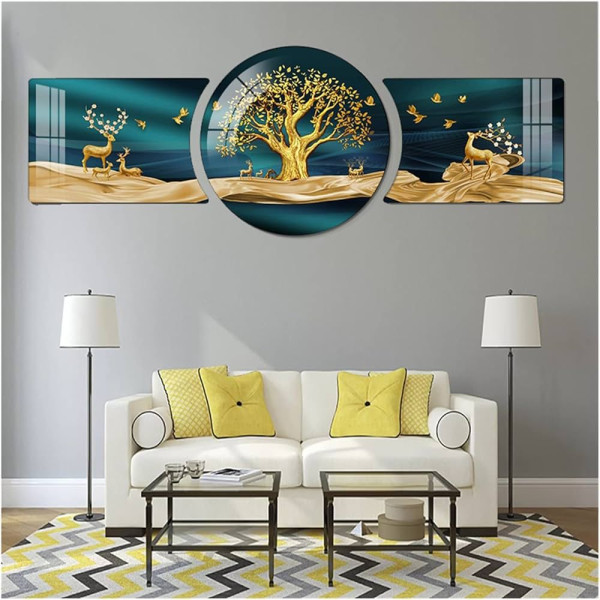 Ensemble de Tableaux Muraux Triptyque de Luxe 3 Pièces – Design "Arbre de Vie Doré et Cerfs Sacrés"