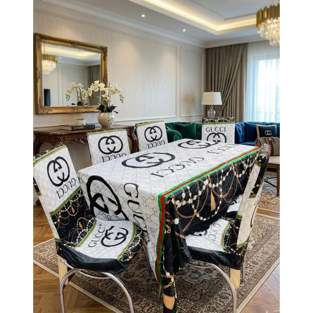 Ensemble de linge de table style haute couture nappe et 6 housses de chaise blanc et noir Ensemble de linge de table style haute couture nappe et 6 housses de chaise blanc et noir