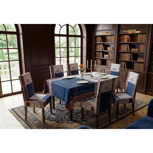 Ensemble de linge de table style luxe nappe et 6 housses de chaise bleu et terracotta