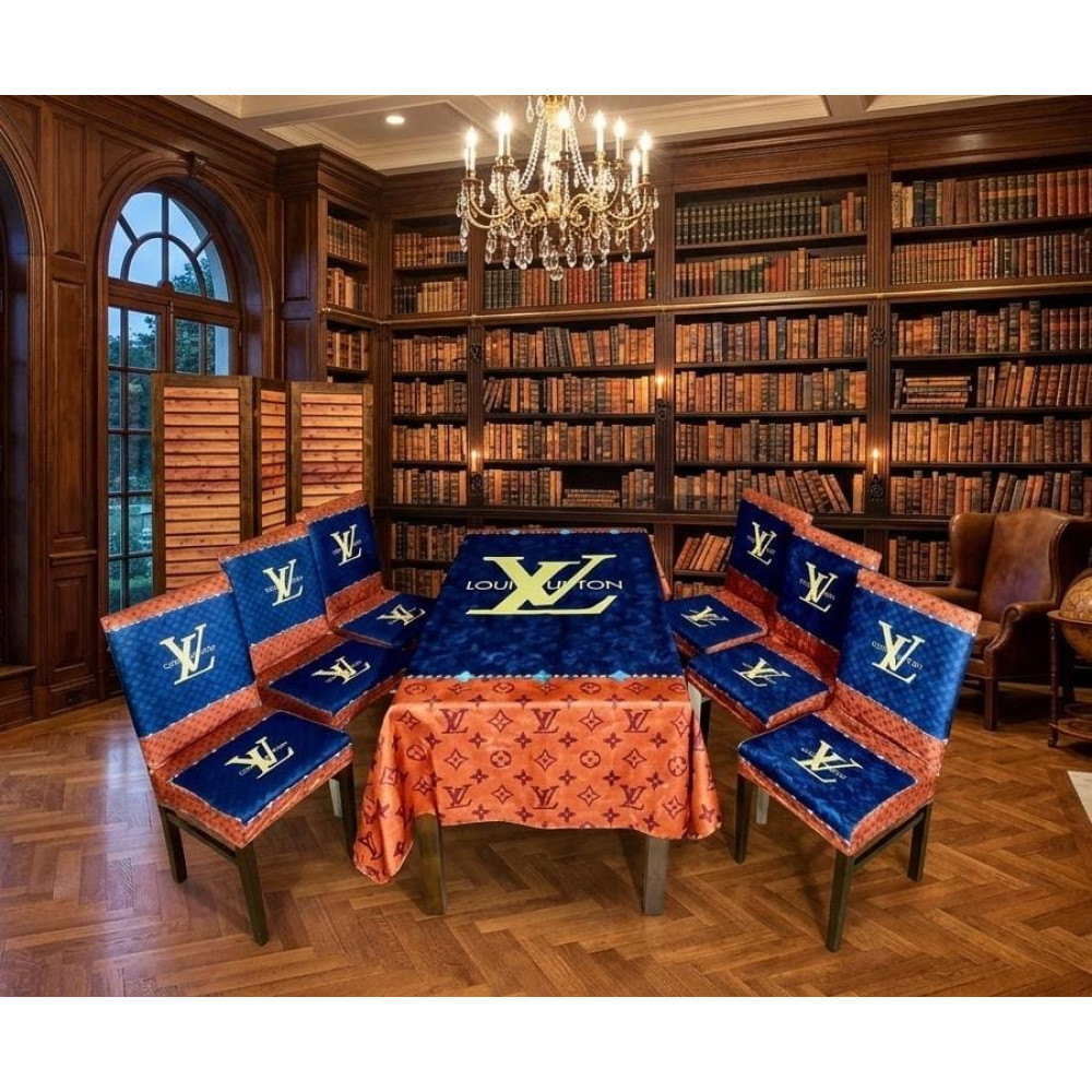 Ensemble de linge de table style prestige nappe et 6 housses de chaise bleu marine et marron monogramme Ensemble de linge de table style prestige nappe et 6 housses de chaise bleu marine et marron monogramme