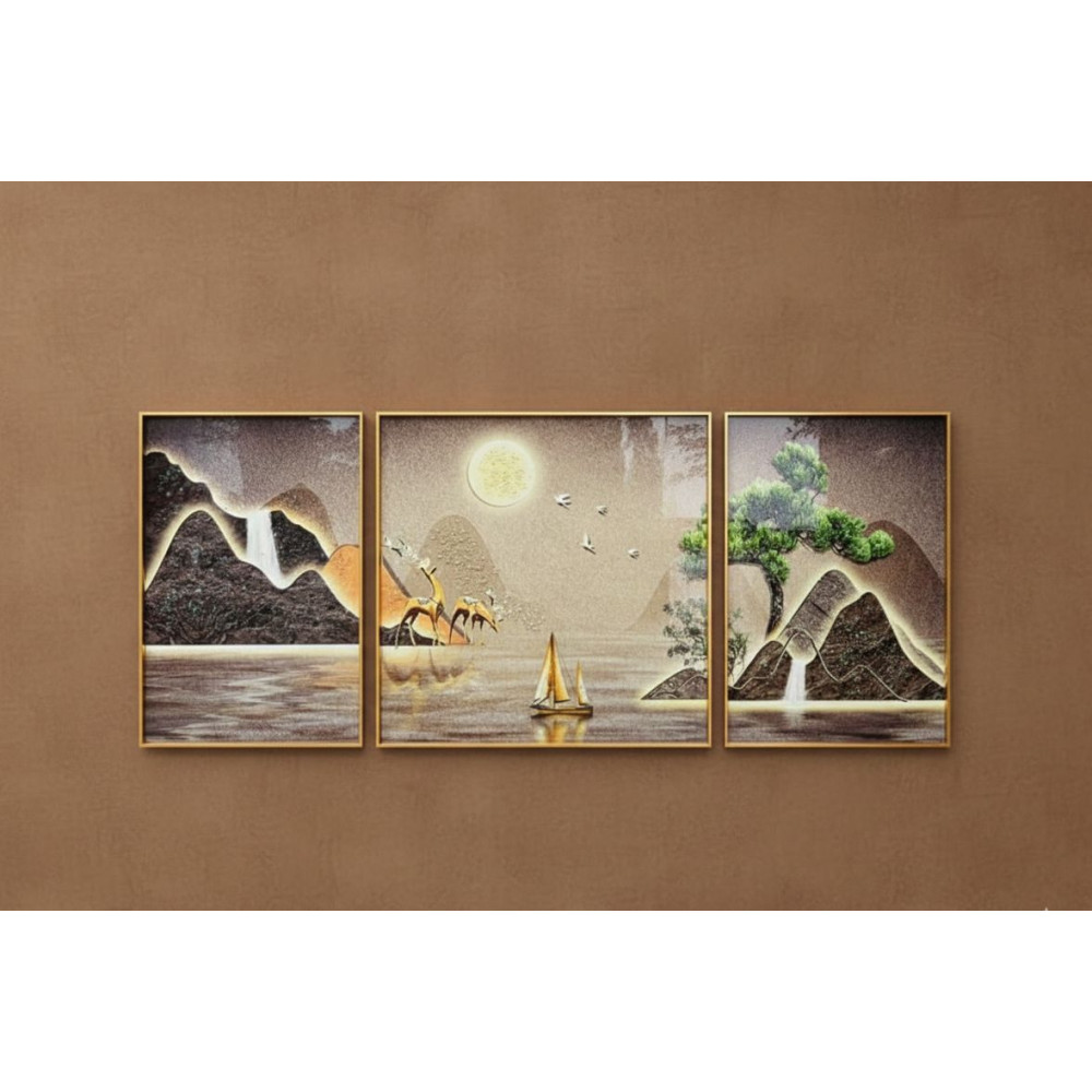 Tableau Triptyque Broderie Diamant 5D Paysage Lunaire Doré 3 Pièces de 40x60 cm