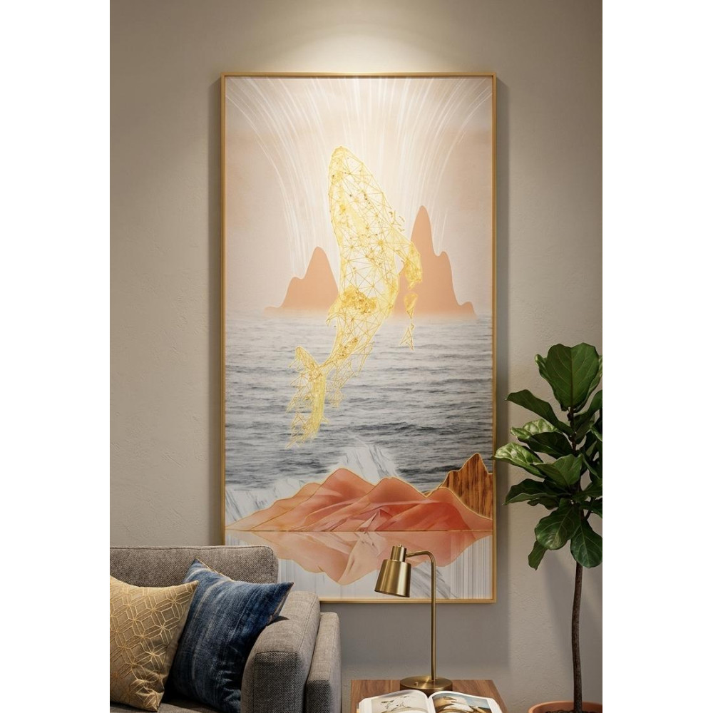 Tableau mural lumineux baleine doree et ocean 80x160 cm