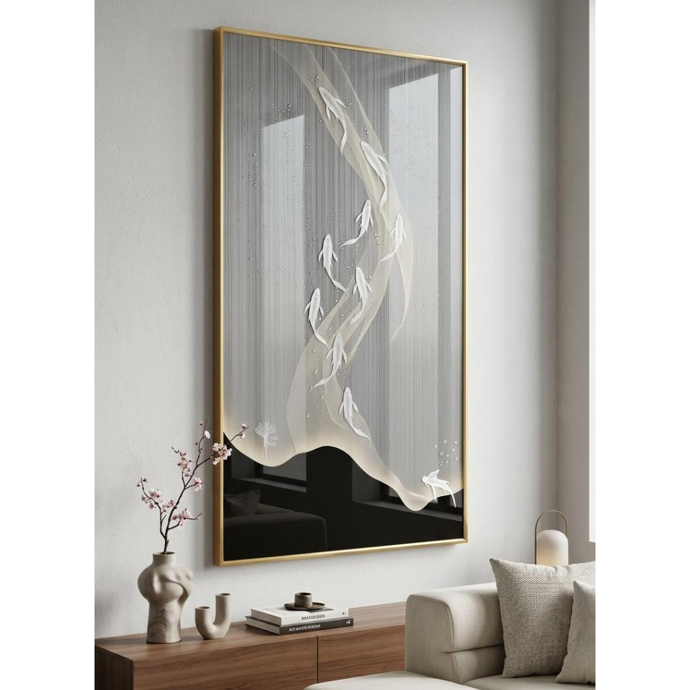 Tableau mural lumineux poissons blancs et doré 80x160 cm