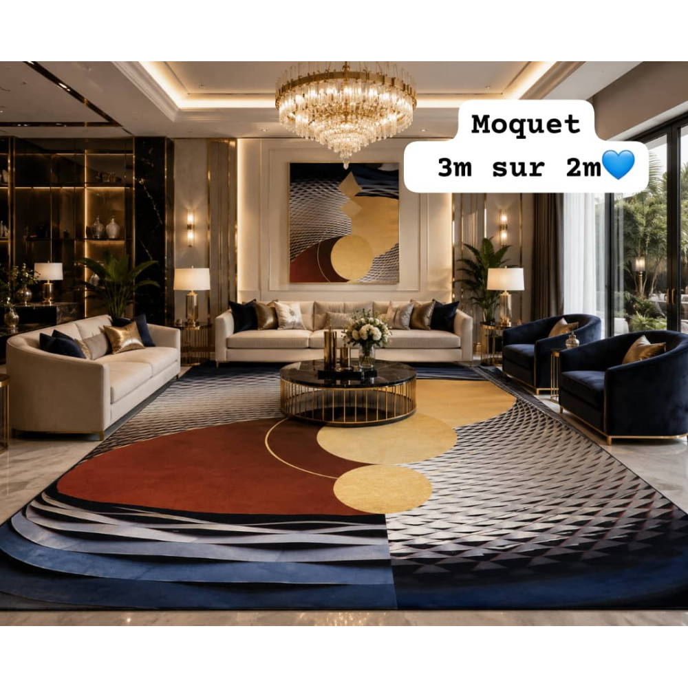 Grand tapis de luxe abstrait avec cercles dores et vagues bleues 3D installe dans un salon moderne de standing