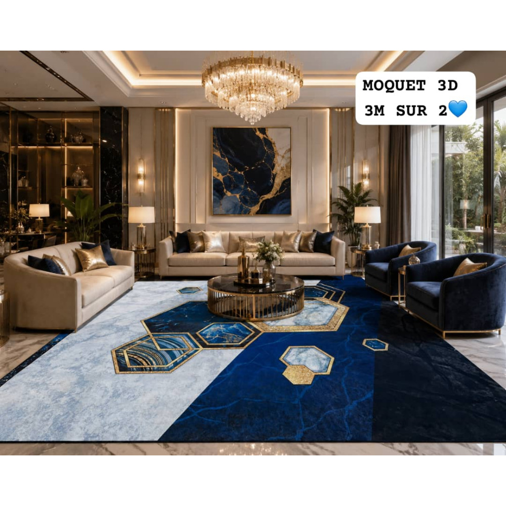 Tapis de Salon Moquette 3D Bleu Roi et Géométrique Dore 3m sur 2m