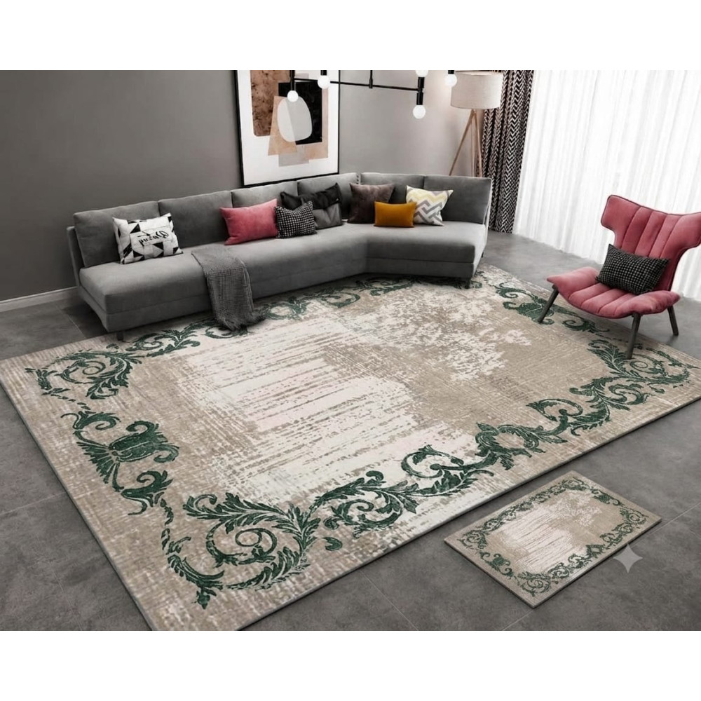 Tapis de salon classique beige avec bordures vertes - 2x3m
