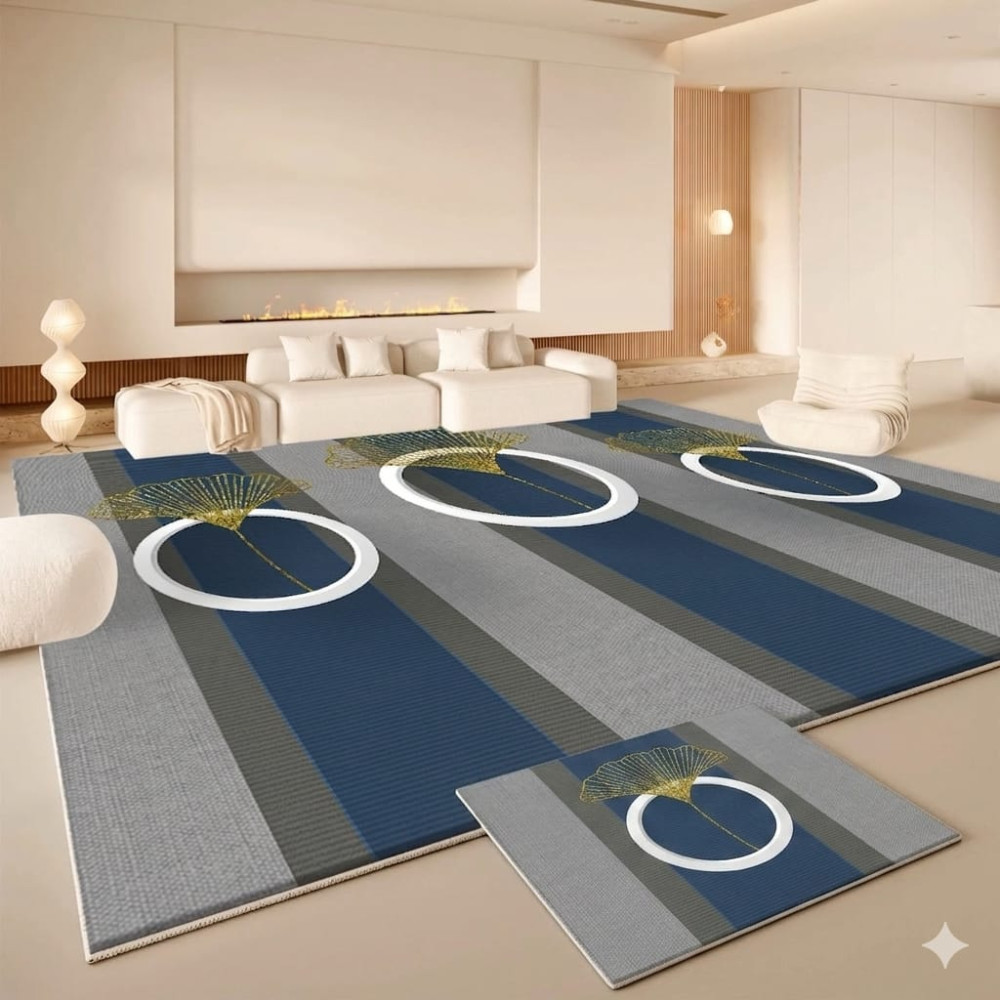 Tapis de salon contemporain Bleu Canard et Gris Motif Ginkgo (300x200 cm)