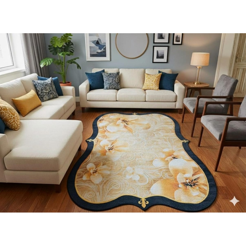 Tapis de salon de luxe beige crème et fleurs dorées en velours 3m x 2m Tapis de salon de luxe beige crème et fleurs dorées en velours 3m x 2m