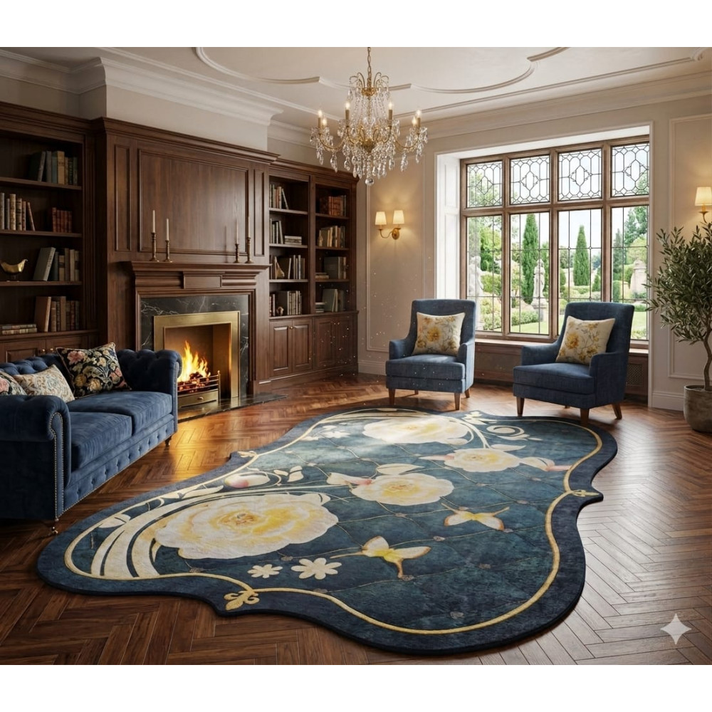 Tapis de salon de luxe bleu nuit et motifs floraux en velours 3m x 2m Tapis de salon de luxe bleu nuit et motifs floraux en velours 3m x 2m