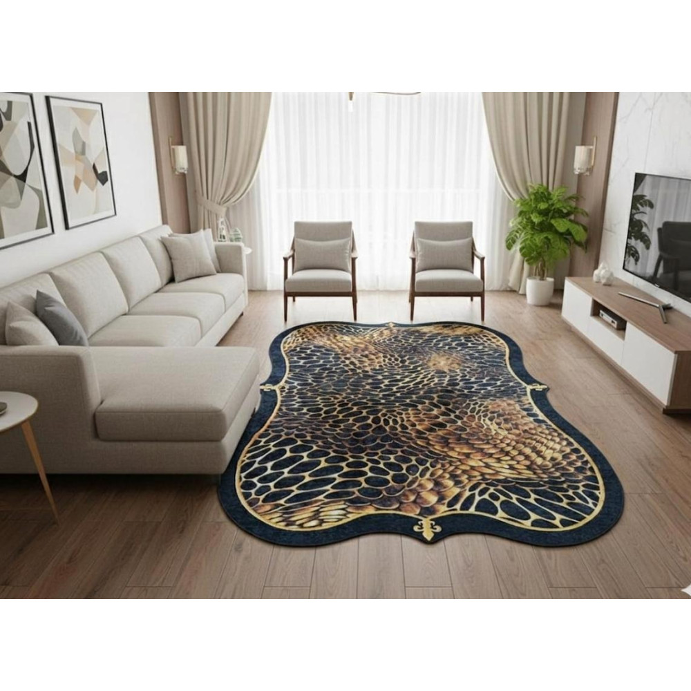 Tapis de salon de luxe motif écaillé or et bleu nuit en velours 3m x 2m Tapis de salon de luxe motif écaillé or et bleu nuit en velours 3m x 2m