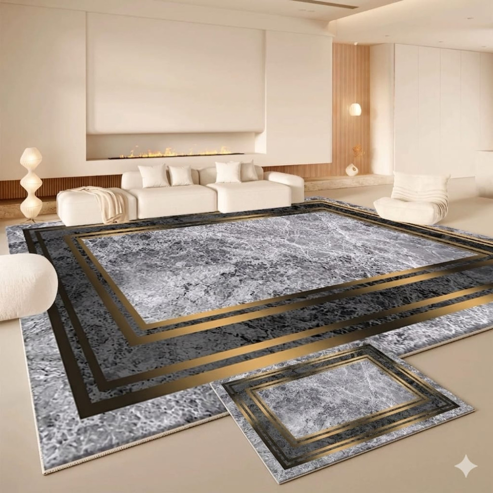 Tapis de salon luxueux effet marbre Gris et Doré (300x200 cm)