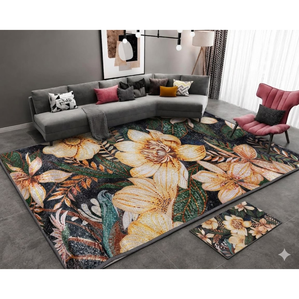 Tapis de salon moderne aux motifs floraux mosaïque - 2x3m