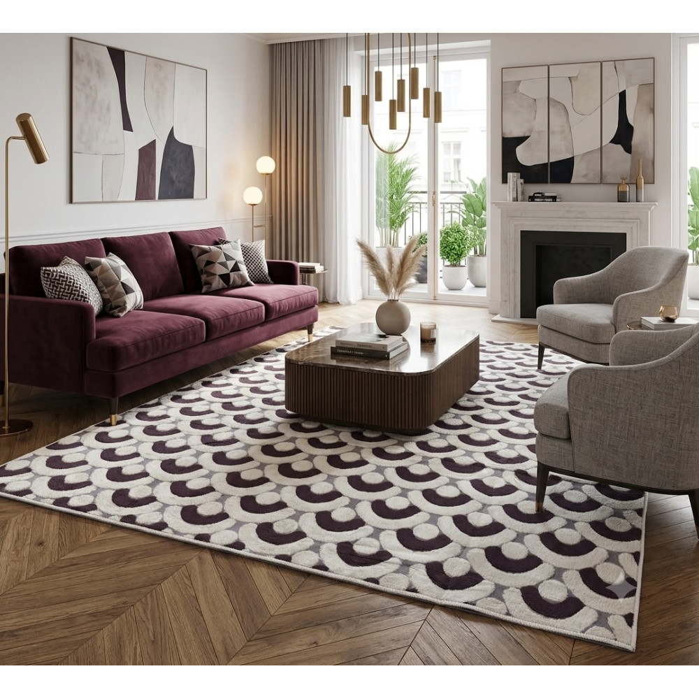 Tapis de salon moderne aux motifs graphiques Bordeaux, Gris et Crème (300x200 cm)