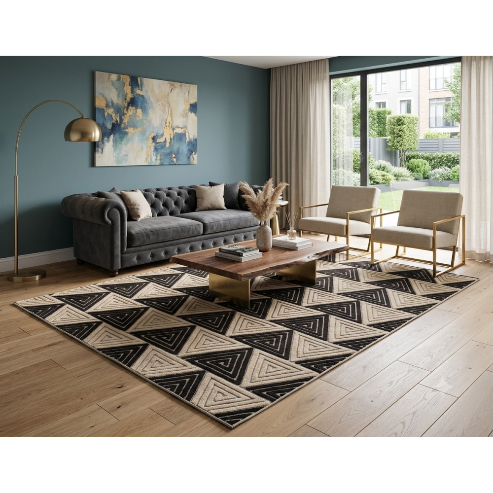 Tapis de salon moderne aux motifs triangles Beige, Crème et Noir (300x200 cm)