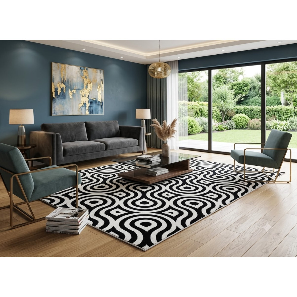 Tapis de salon moderne aux motifs vagues abstraites Noir et Blanc (300x200 cm)