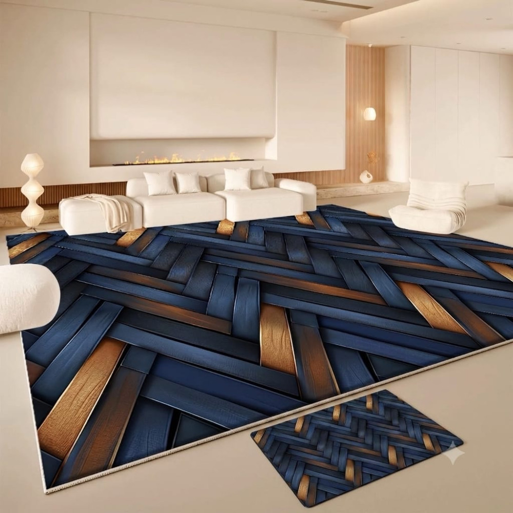 Tapis de salon moderne effet tressé 3D Bleu Nuit et Doré (300x200 cm)