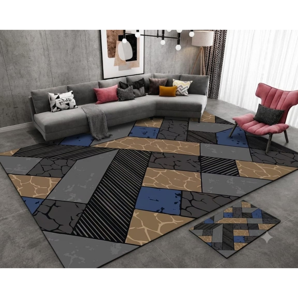 Tapis de salon moderne géométrique gris bleu et marron - 2x3m