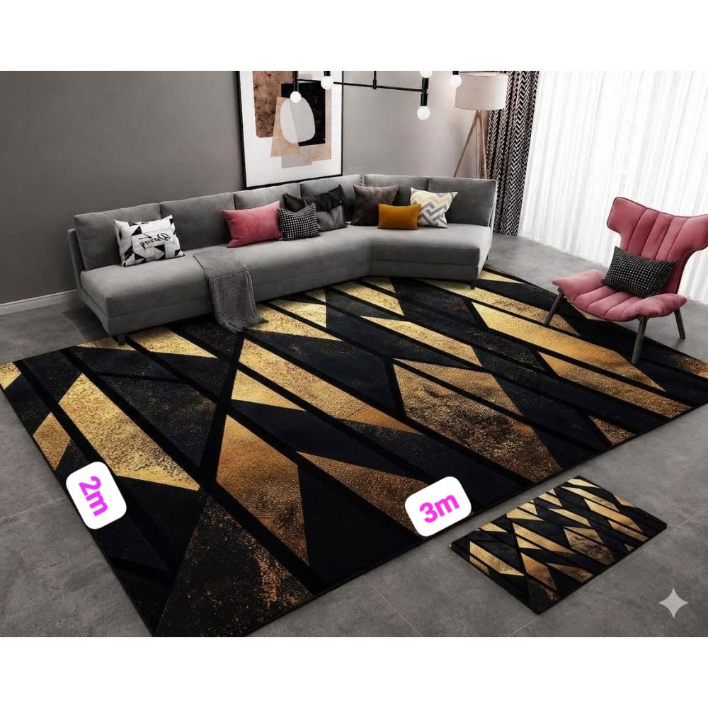 Tapis de salon géométrique de luxe noir et doré - 2m x 3m