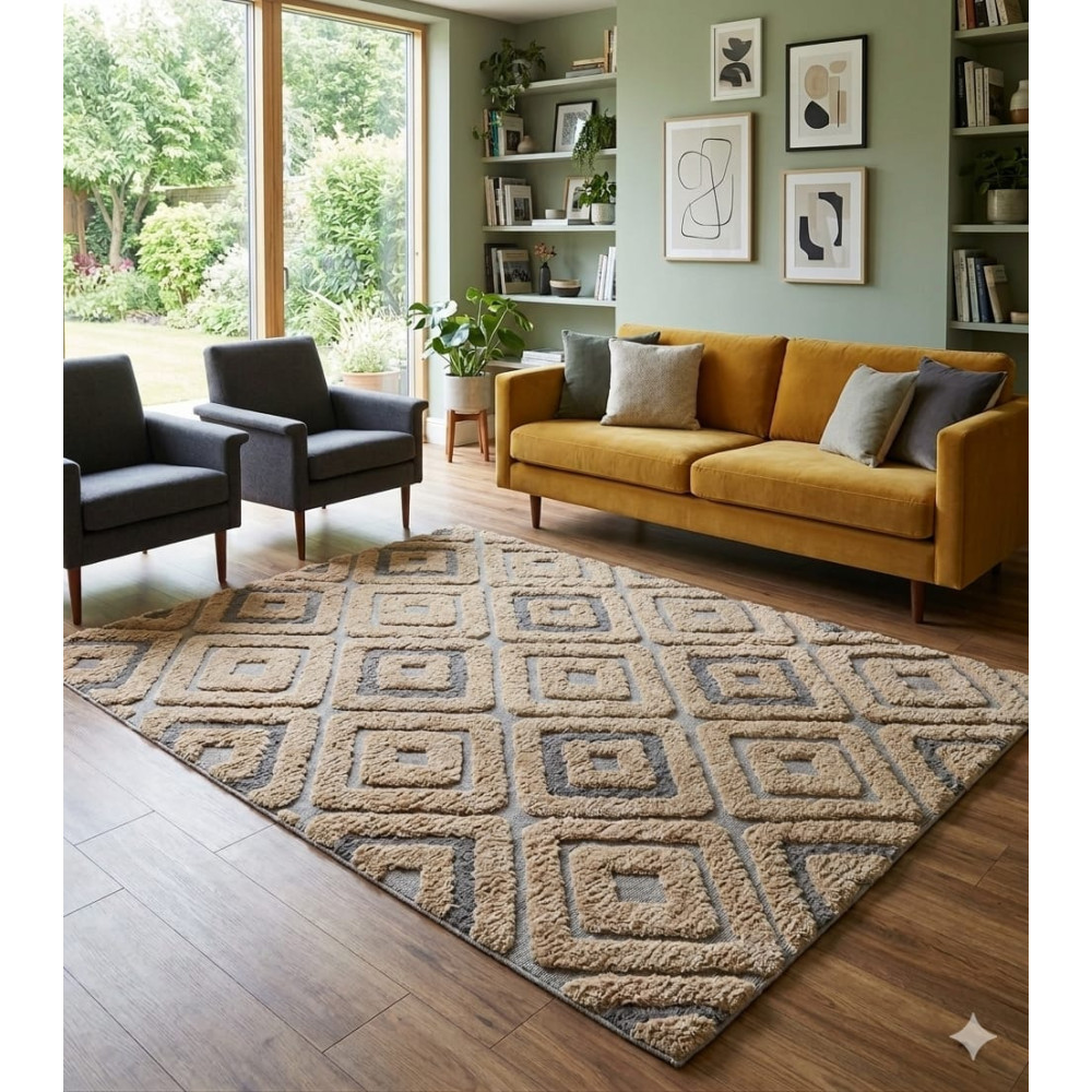 Tapis de salon moderne style Berbère et Bohème Beige, Ocre et Gris (300x200 cm Tapis de salon moderne style Berbère et Bohème Beige, Ocre et Gris (300x200 cm
