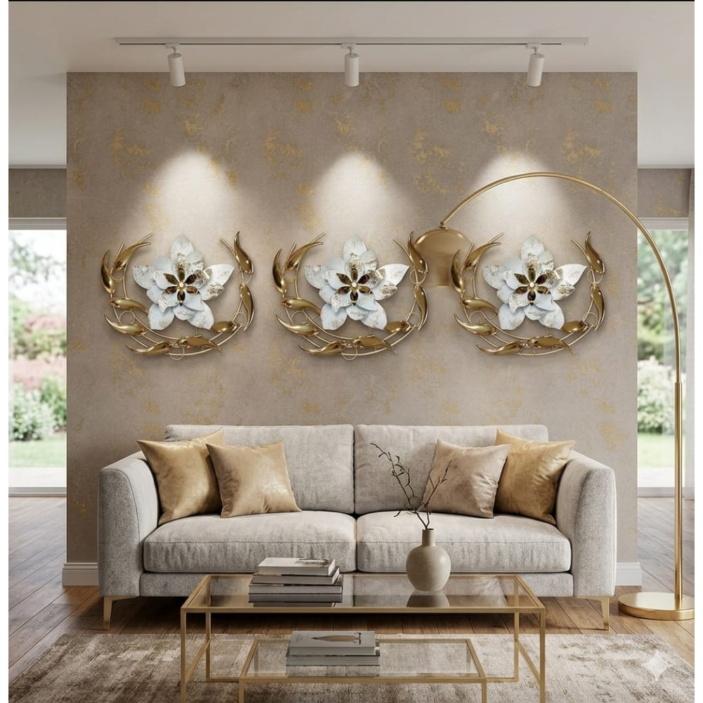 Décoration Murale En Métal Fleur De Lotus Blanche Et Croissant De Lune Doré