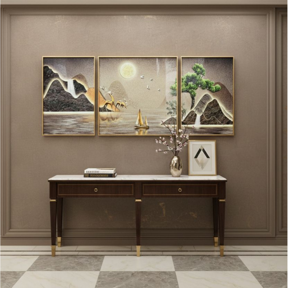 Tableau triptyque en broderie diamant représentant un paysage asiatique doré avec lune voilier et cerfs