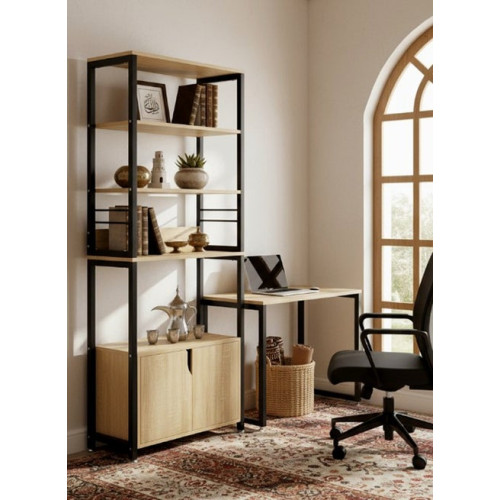 Étagère bibliothèque de style industriel en bois beige clair et métal noir avec placard fermé en bas