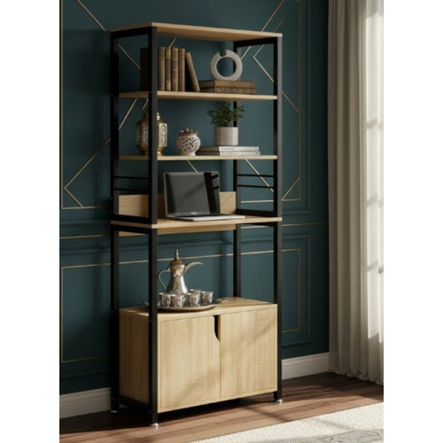 Étagère bibliothèque de style industriel en bois beige clair et métal noir avec placard fermé en bas