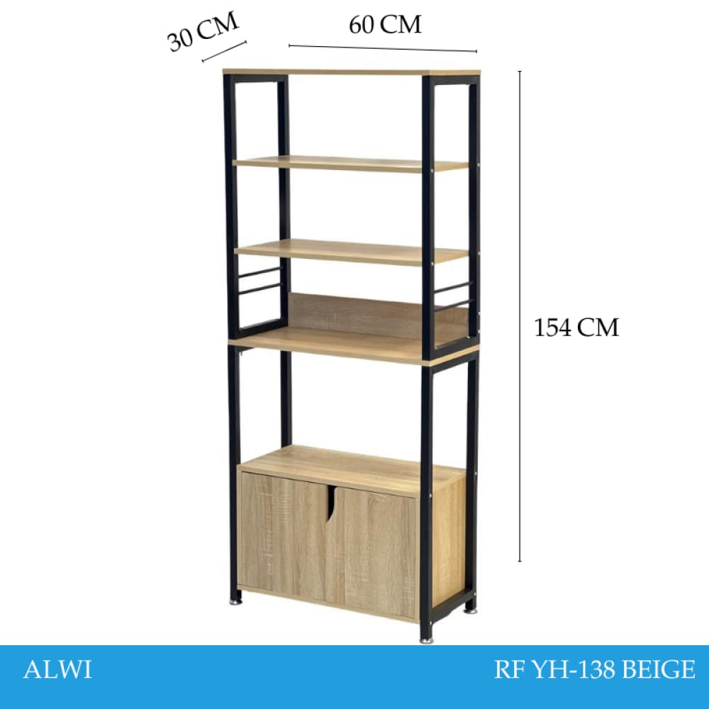 Étagère bibliothèque de style industriel en bois beige clair et métal noir avec placard fermé en bas