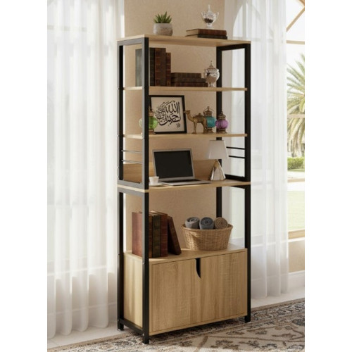 Étagère bibliothèque de style industriel en bois beige clair et métal noir avec placard fermé en bas
