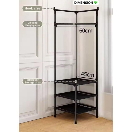 Meuble dressing de coin noir installé dans l angle d une pièce montrant la penderie et les étagères de rangement