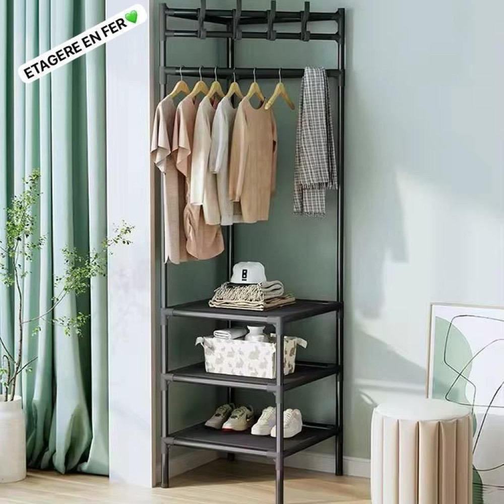Meuble dressing de coin noir installé dans l angle d une pièce montrant la penderie et les étagères de rangement