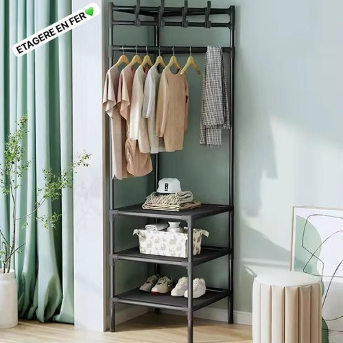 Meuble dressing de coin noir installé dans l angle d une pièce montrant la penderie et les étagères de rangement